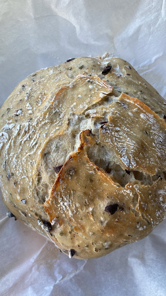 Olive, Rosemary and Roasted Garlic No-Knead Bread